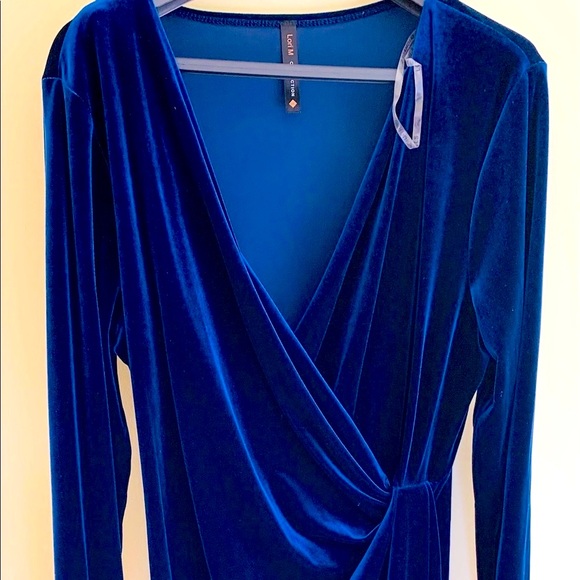 Royal blue silky velvet Dress at knee deep V neck nice drapes long sleeves US L - Picture 11 of 16